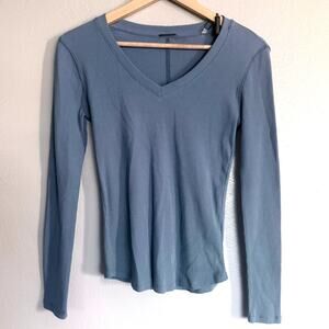 new ELIE TAHARI light slate blue ribbed vneck long sleeve pima cotton modal top